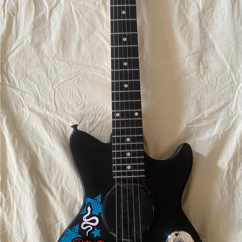 Black Electric Guitar with Blue and White Design